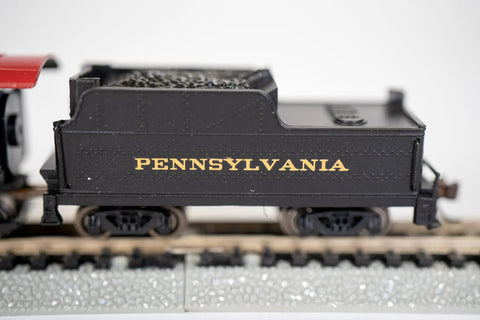 Side view of Pennsylvania tender showing detailed lettering, part of 2-6-2 Steam Locomotive And Tender N Scale With Die Cast Chassis.