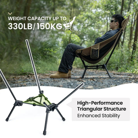 Man sitting in Tigerblade High Back Camping Chair With Pillow Design Ultra Comfy Widened Seat Foldable Outdoor Chair For Camps And Backyards with visible triangular support structure