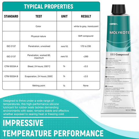 Product image of Molykote 111 Silicone Grease 150g Valve Lubricant and Sealant for O Rings with packaging and specifications chart