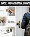 Blocklock Portable Door Lock For Travelers And Renters installation steps shown on a hotel door with user carrying backpack