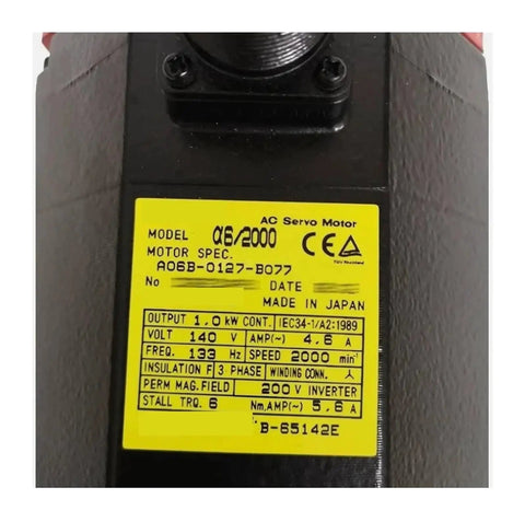 Label on A06B-0127-B077 Three Phase Permanent Magnet Synchronous Servo Motor showing technical specifications