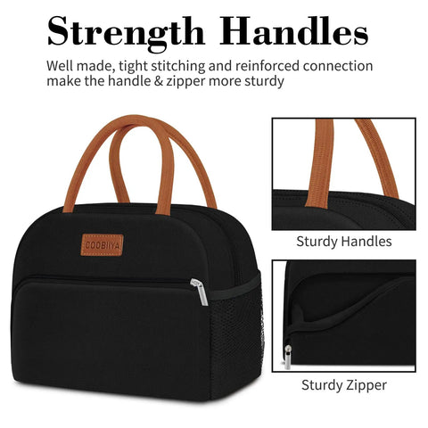 Insulated Lunch Bag For Work Travel And School Leakproof 10L Tote with sturdy handles and zipper detail in black Oxford fabric