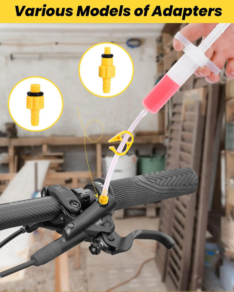 DIY Friendly Hydraulic Disc Brake Bleed Kit For Shimano TEKTRO TRP And More with adapter and bleed injector on bike handle.