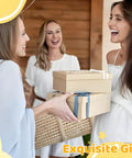 Three women exchanging gift boxes, smiling joyfully, with the words 'Exquisite Gift' in the foreground.