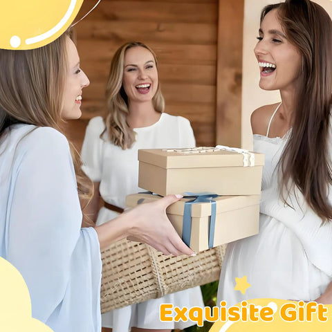 Three women exchanging gift boxes, smiling joyfully, with the words 'Exquisite Gift' in the foreground.