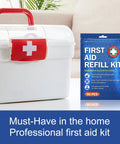 Front view of SuccorWare First Aid Refill Kit package (90 pcs) beside a white plastic first aid box with a red cross latch.