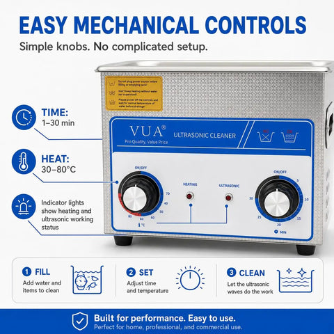 Front view of 3L Ultrasonic Cleaner With Heater 40kHz Pro Jewelry Cleaner with mechanical controls and temperature settings.