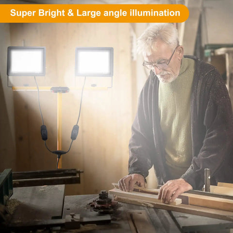 Ultra Bright 10000 Lumen Dual Head LED Work Light With 14 Ft Power Cord 6000K Daylight White IP66 Waterproof Adjustable Metal Tripod In Use