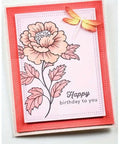 Greeting card with pink floral design, scalloped stitching, and Six Piece Rectangle Frame Metal Die Cuts Set With Scalloped Stitch Nested Tags.