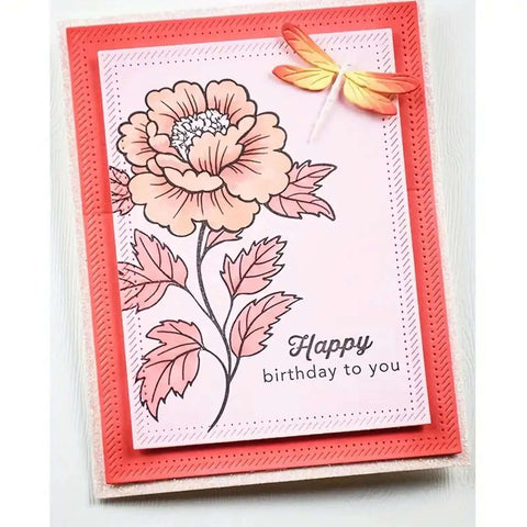 Greeting card with pink floral design, scalloped stitching, and Six Piece Rectangle Frame Metal Die Cuts Set With Scalloped Stitch Nested Tags.