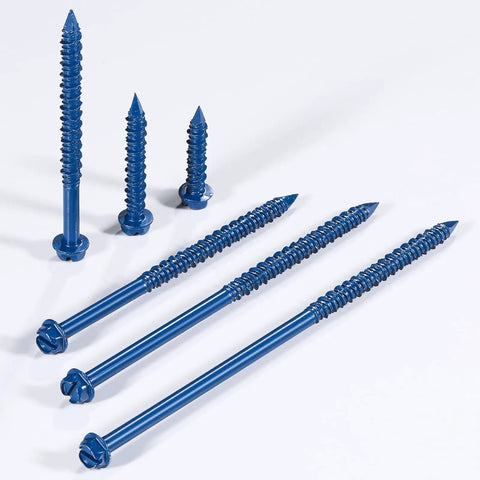 Badass Heavy Duty 100 Pack Slotted Hex Concrete Screws 3/16 By 1-1/4 Inch Blue Hexagon Head Anchors on a white background.