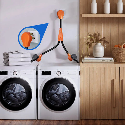 Hefty Dryer To EV Y Splitter Cord 30 Amp Male Dropping Down To Dual 30 Amp Female Nema Jacks in home laundry setup.