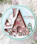 Christmas card featuring a gingerbread house and gingerbread figures with candy canes, snow, and the text 'Merry Christmas to my sweet friend'.