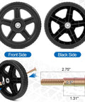 8 Inch Lawn Mower Wheels Kit DIY Friendly Universal 8 Inch Push Mower Wheels With 1/2 Inch Bearing Bolts And Nuts Plastic Replacement Tires For Most Standard Garden Tiller Pressure Washer Hand Truck 2 Pack showing front, back sides, and bolt dimensions.