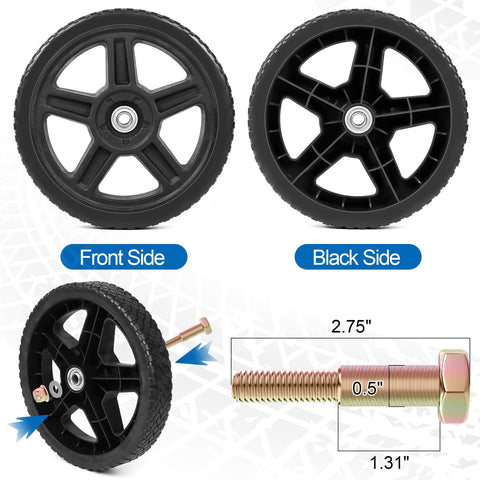 8 Inch Lawn Mower Wheels Kit DIY Friendly Universal 8 Inch Push Mower Wheels With 1/2 Inch Bearing Bolts And Nuts Plastic Replacement Tires For Most Standard Garden Tiller Pressure Washer Hand Truck 2 Pack showing front, back sides, and bolt dimensions.