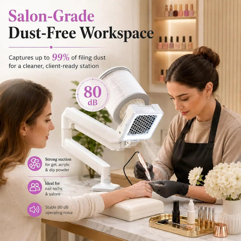 Stay Smooth And Keep Your Mani Bar Dust Free With This Straight Up Powerhouse Nail Dust Collector Vacuum Fan Featuring Quiet Suction And A Massive Detachable Filter Perfect For Gel And Acrylic Filing Sessions in a salon setting.
