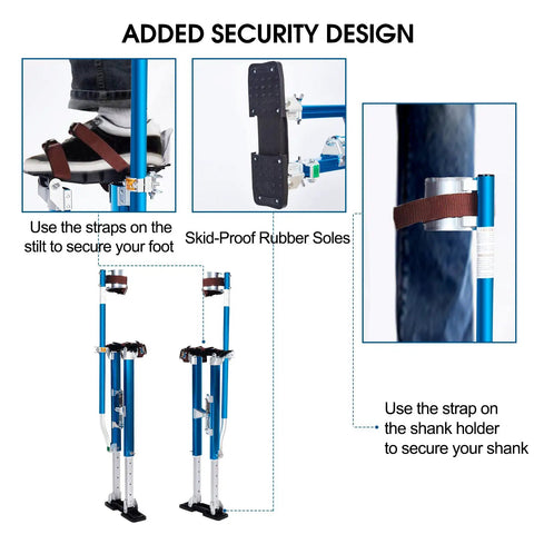 Added security design of Adjustable Aluminum Drywall Stilts for Painting and Plastering with foot straps and heel plates shown.