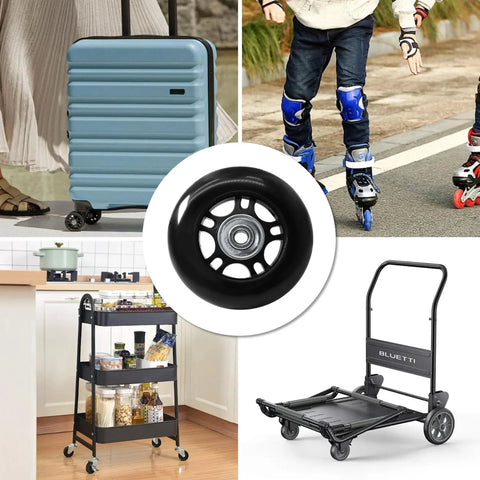 Image of a 75 By 24mm Luggage Wheel Replacement Kit With Two Smooth Rolling Suitcase Swivel Wheels And All Hardware Included For Carry On Trolleys Travel Cases Durable Repair Set Includes Two Axles Screws Washers And Wrench For Easy Installation, shown in various usage scenarios, including suitcases and trolleys.