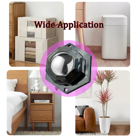 Ready To Roll Self Adhesive Mini Caster Wheels For Small Appliances Silent Glide Easy Peel And Stick Low Profile Matte Black Pack Of Four Pieces shown in use with furniture.