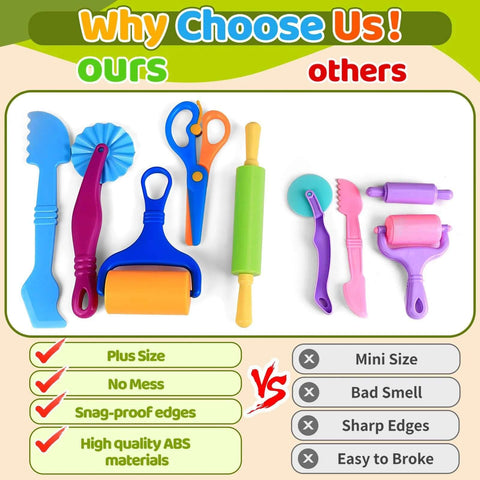 Toy dough tool set for kids, 22pc, with rolling pins, scissors, cutters, mini knife, silicone mat, and 3D animal molds