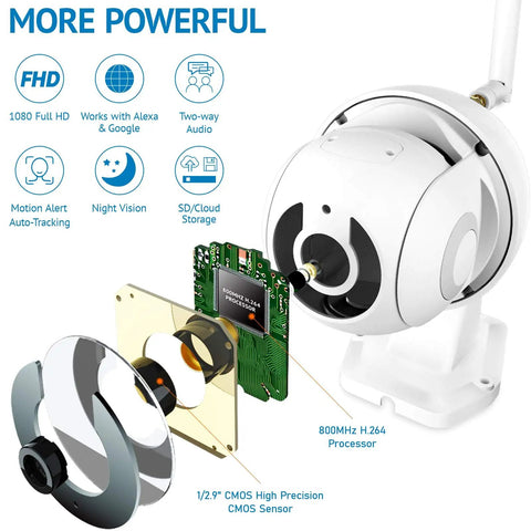 Outdoor Security Camera 1080P HD WiFi With 360 Pan Tilt Night Vision Two Way Audio IP65 Weatherproof Motion Detection Alerts
