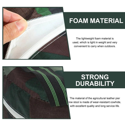 Close-up of the Wearable Garden Stool With Soft Foam Cushion showing zip detail and durable material description.