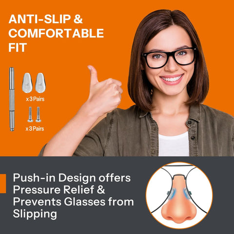 Glasses cleaning kit, front view; 8-in-1 components with anti-slip nose pads and ear grips.