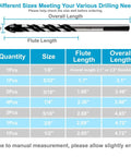 Masonry drill bit set side view with size chart showing overall length and flute length measurements
