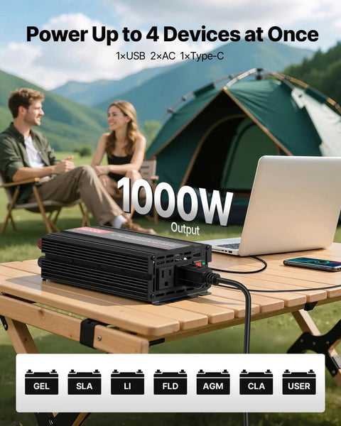 1000W 12V DC To 120V AC Modified Sine Wave Inverter With Dual AC Outlets, USB And Type C Charging Ports on outdoor table