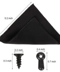 Photo frame hardware set in black with turn-button fasteners and screws; two sample pieces on a 5.2-inch fabric swatch