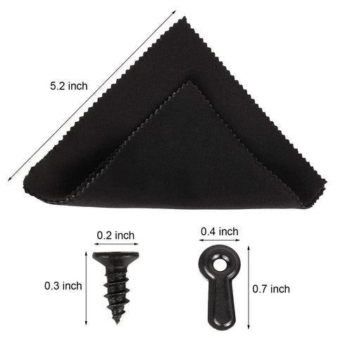 Photo frame hardware set in black with turn-button fasteners and screws; two sample pieces on a 5.2-inch fabric swatch