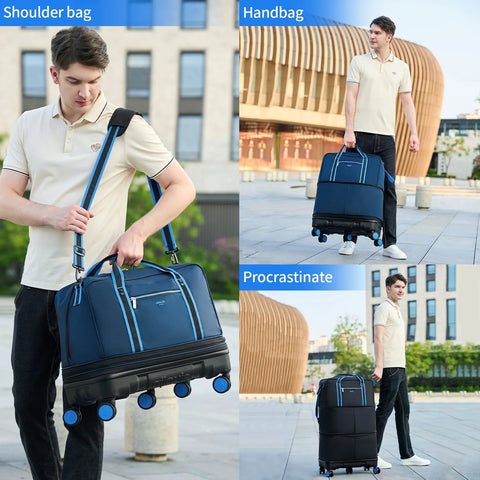 Ailouiskids blue rolling duffle bag with detachable wheels; large-capacity, foldable carry-on luggage.