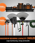 Heavy Duty Steel Garage Tool Wall Rack With Shelves And 6 Hooks, holding tools and gear, showcasing weight capacity with tools displayed.