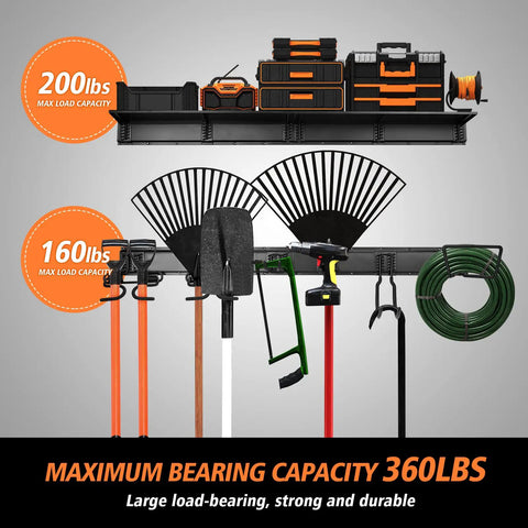 Heavy Duty Steel Garage Tool Wall Rack With Shelves And 6 Hooks, holding tools and gear, showcasing weight capacity with tools displayed.