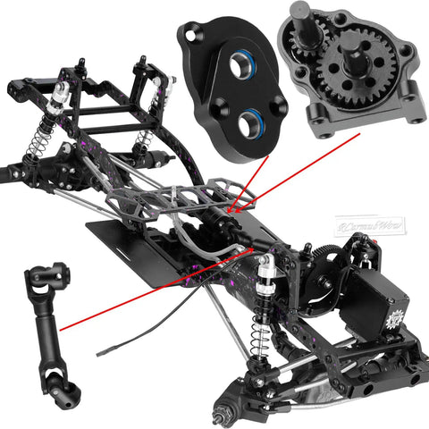 Front Mounted Transmission LCG Carbon Fiber Chassis Kit For 1/10 RC Crawlers SCX10 SCX10 II Capra 1.9 UTB And Other DIY Builds Beefed Up Lightweight Carbon Fiber Frame With Alloy Gearbox Colorful, shown with components close-up