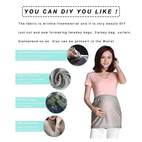 Woman using Faraday Shield Fabric For EMF Protection That Blocks WiFi RF GPS And RFID Signals With Copper Nickel Polyester Blend