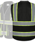 Back view of Hi Vis Safety Vest With 10 Pockets, Zipper Front, Cushioned Collar, Extended Neon Yellow Reflective Strips, X Large