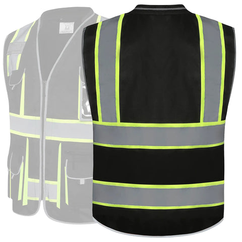 Back view of Hi Vis Safety Vest With 10 Pockets, Zipper Front, Cushioned Collar, Extended Neon Yellow Reflective Strips, X Large