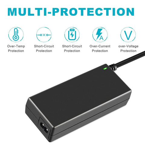 44V Lead Acid Battery Charger For 36V Scooters And E Bikes With 3 Pin Male XLR Connector showing multi-protection features.