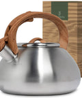 Stovetop Whistling Tea Kettle Two Point Four Quart Stainless Steel For Induction And Gas Stovetops Durable Rust Resistant Teapot showing front view