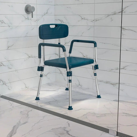 Hercules Series Adjustable Navy Bath And Shower Chair, 300 Pound Capacity with Quick Release Back and Arms in marble shower.