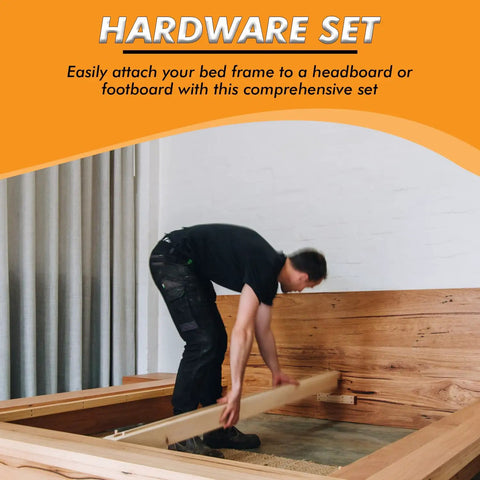 Man assembling a bed frame using the Solid As A Rock Replacement Bed Frame Hardware Kit With Heavy Duty Screws And Bolts For Metal Frames No Fuss Assembly Of Headboard And Footboard 42 Piece Set.