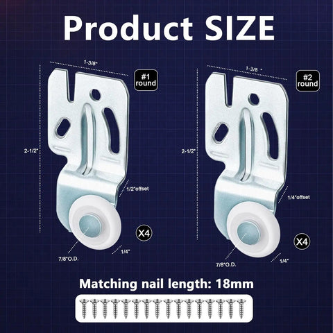 Eight Piece Sliding Closet Door Roller Kit For Top Hung Bypass Tracks featuring sizes and specifications of roller hardware.