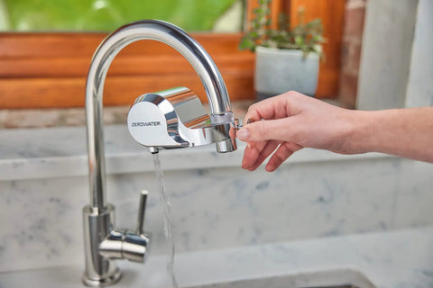 Chrome Faucet Mount Water Filter With WQA Certified PFOA PFOS And Chlorine Reduction, Ninety Eight Percent Lead Reduction in kitchen