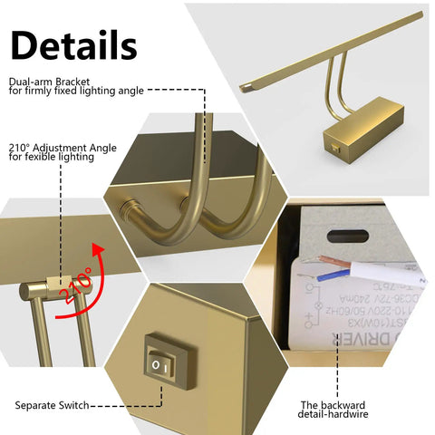 Details of 900 Lumen Dimmable LED Picture Light With Dual Arm Mount, 4 Color Modes Plus UV 395nm, Remote Control, Matte Brass Finish