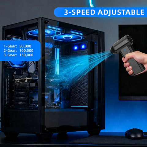 Cordless Air Duster 150000 RPM Turbo Power Mini Handheld Blower cleaning a computer case with adjustable speed feature