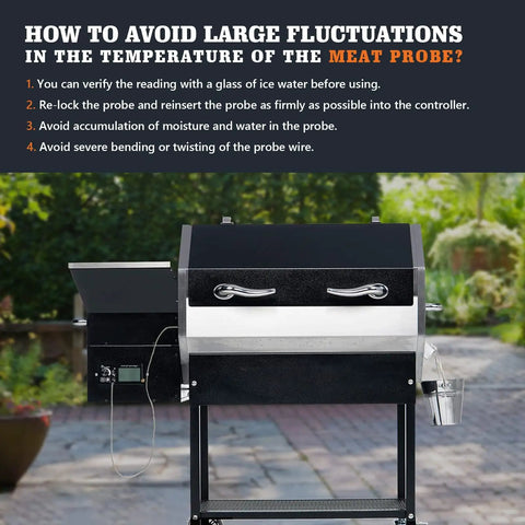 Meat probe attached to Recteq grill with temperature tips displayed, part of Two Pack Meat Probe Replacement Kit with Clip for Grills.