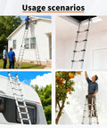 Heavy-Duty Telescoping A-Frame Ladder 12.5 Ft With Dual Locks, Triangular Stabilizers, And 330 Lb Capacity, Wobble-Free Anti-Slip Rungs, Reinforced Feet For Steady Home And Pro Jobs used for roof, attic, trailer, and tree work