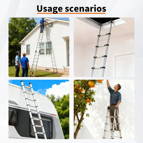 Heavy-Duty Telescoping A-Frame Ladder 12.5 Ft With Dual Locks, Triangular Stabilizers, And 330 Lb Capacity, Wobble-Free Anti-Slip Rungs, Reinforced Feet For Steady Home And Pro Jobs used for roof, attic, trailer, and tree work