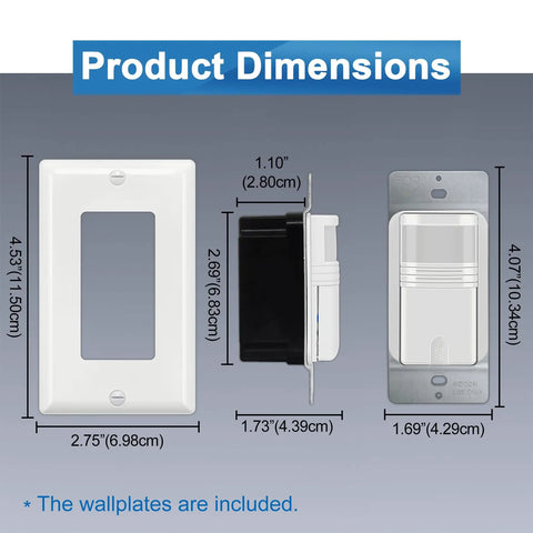 5 Pack Motion Sensor Switches No Brainer Auto On Off PIR Occupancy And Vacancy Modes 800W dimensions with wall plates included